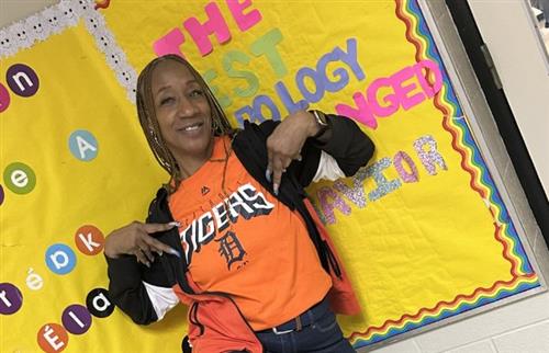 Website Manger showing off her Detroit gear!